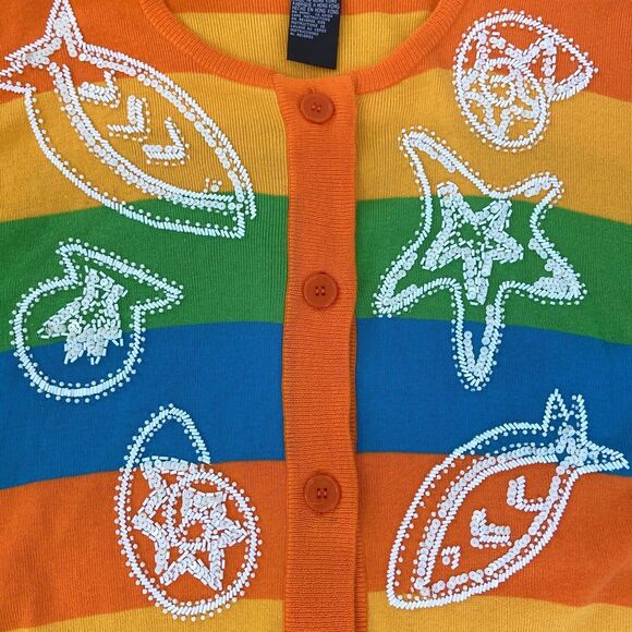 Vintage 80s 90s IB Diffusion Ocean Fish Striped Cardigan Sweater Beaded Sequin - Picture 5 of 11